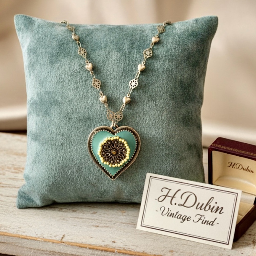 H. Dubin Turquoise & Yellow Beaded Heart Necklace